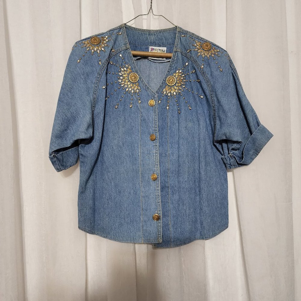 Vintage Monique Fashion Denim Button Shirt V-Neck Short Sleeve Embellished